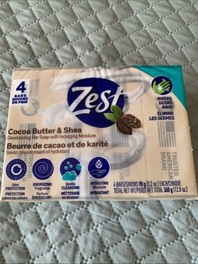 Zest Cocoa Butter and Shea Deodorizing Bar Soap 4 Bar Pack 3.2 oz ea. NIB